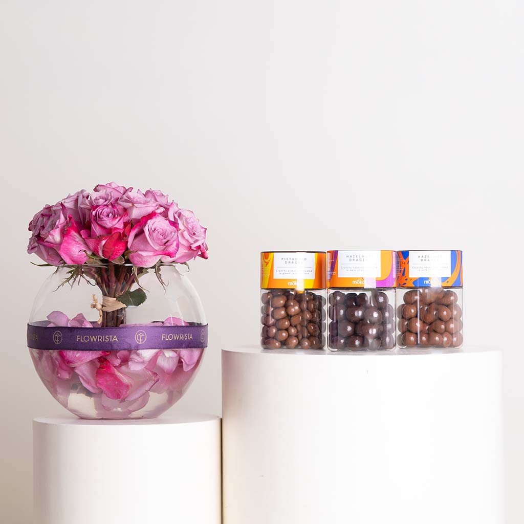 Moko Chocolate Jars & Purple Roses Vase