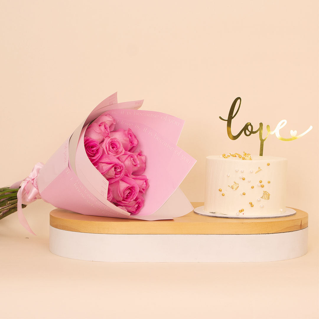 Ninos Golden Celebrations Cake with Love Topper & Pink Roses