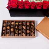 House of Cocoa Chocolate Box 32 pieces and 21 red roses