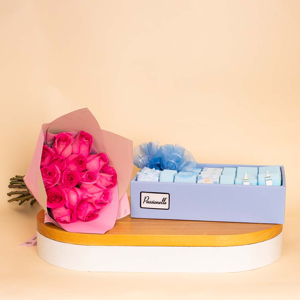 Passionelle Chocolate Baby Boy 1kg & Pink Roses Bouquet