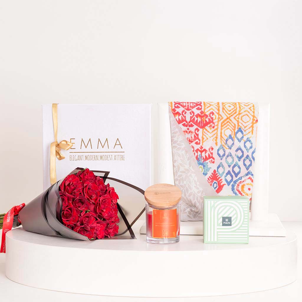 EMMA Scarf andPatchi Chocolate and Candle and Red Roses Bundle