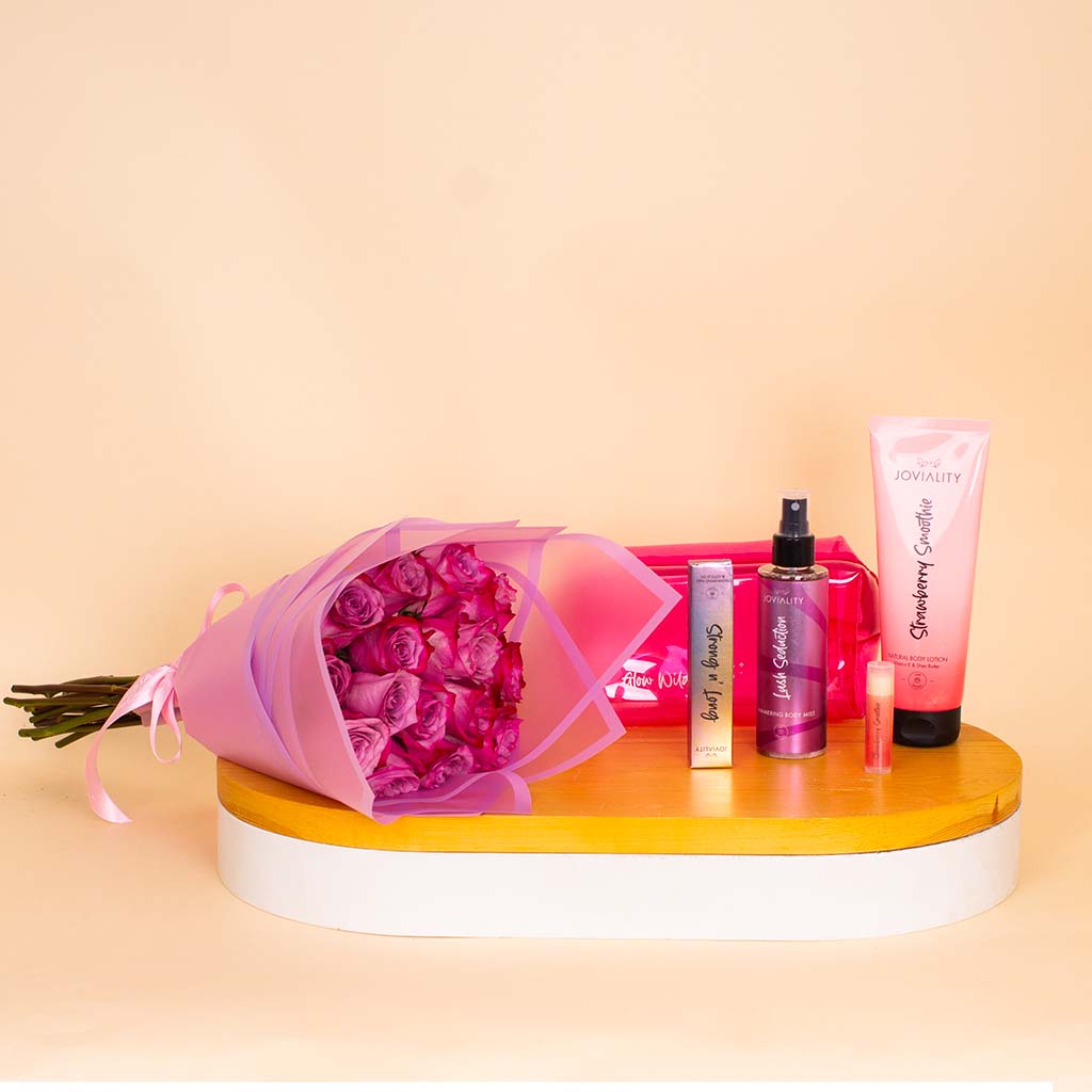Joviality Strawberry Seduction Kit & Purple Roses Bouquet