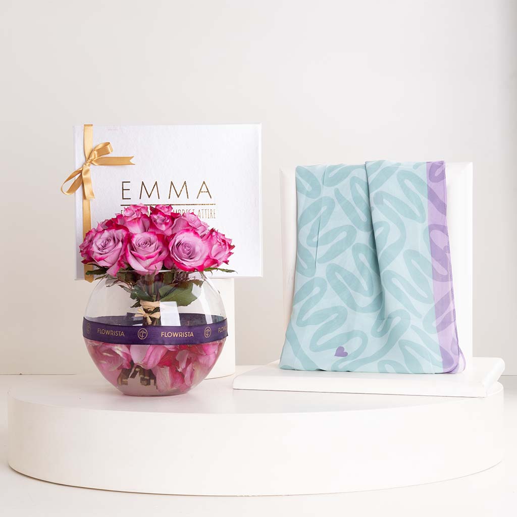 EMMA Cool Diva Scarf & Purple Roses Vase