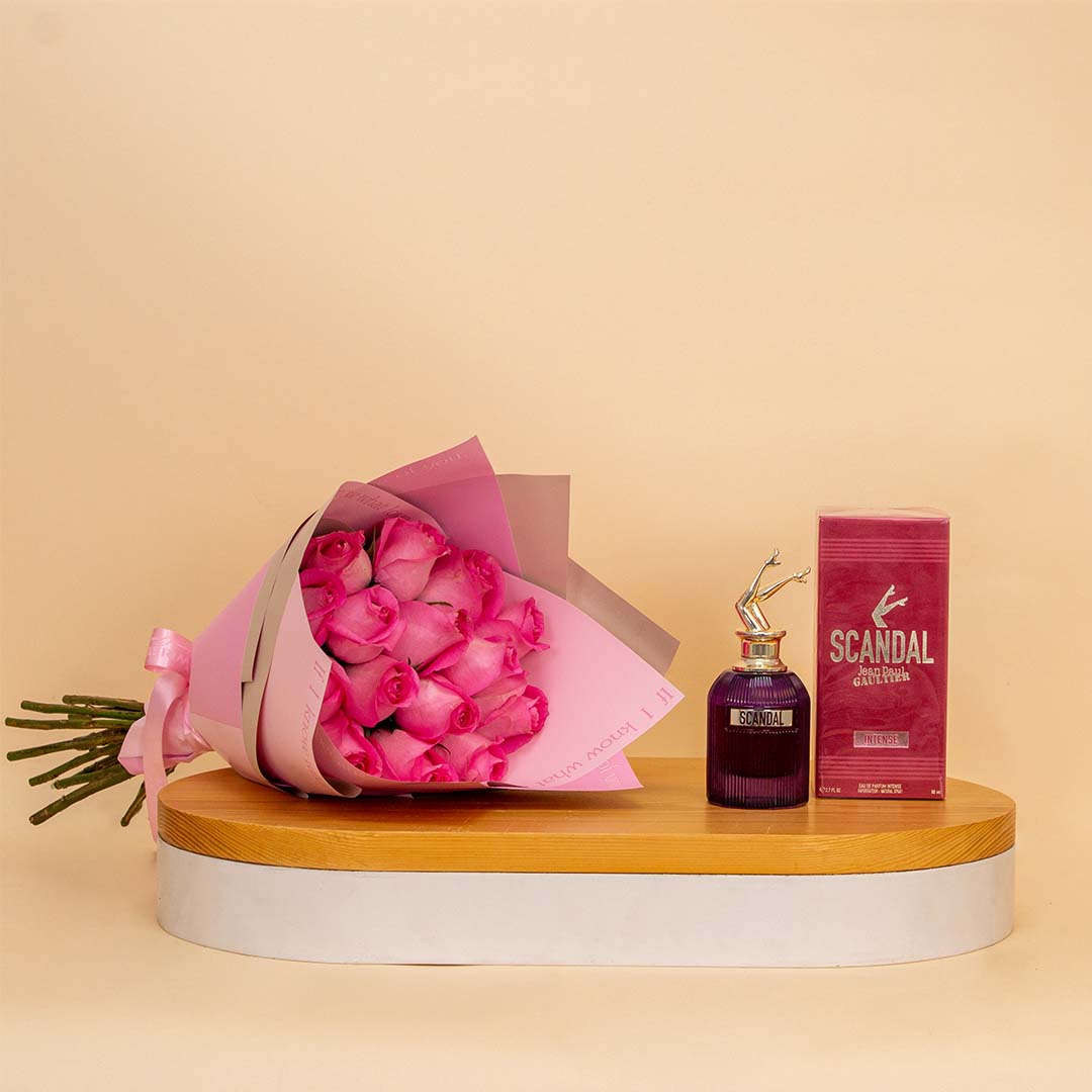 Scandal Intense Eau de Parfum for Women & 15 Pink Roses