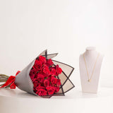 Markiz Gold-Plated Zircon Necklace & Red Roses Bouquet