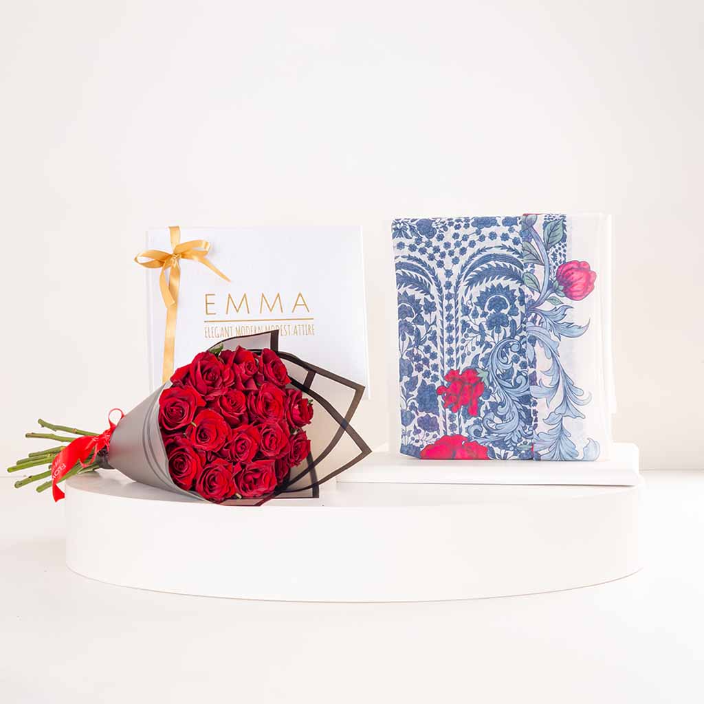 EMMA Enchanted Roses Scarf & 15 Red Roses Bouquet