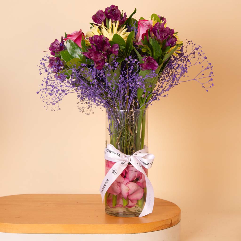 Purple & Pink Mixed Flowers Glass Vase
