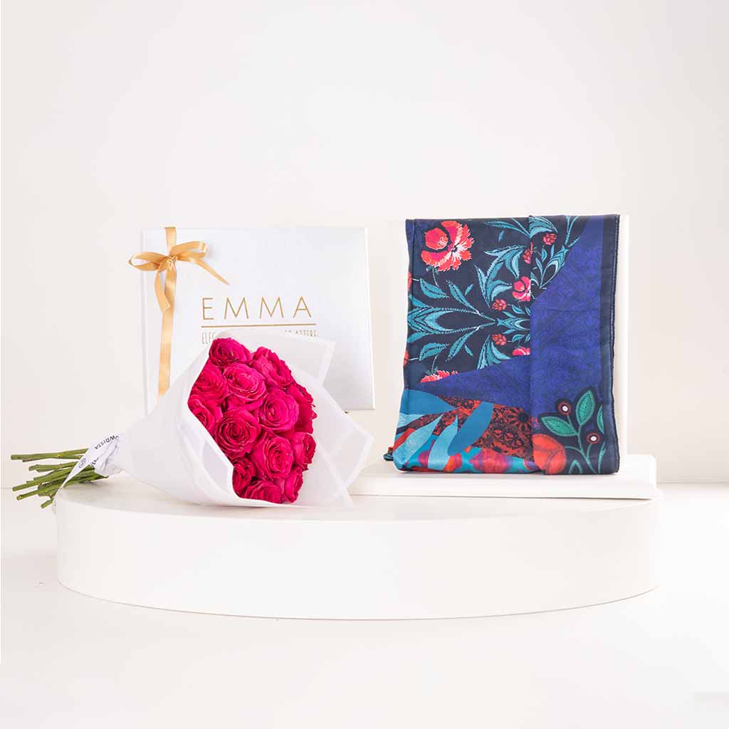 EMMA Secret Garden Scarf & Fuchsia Roses Bouquet