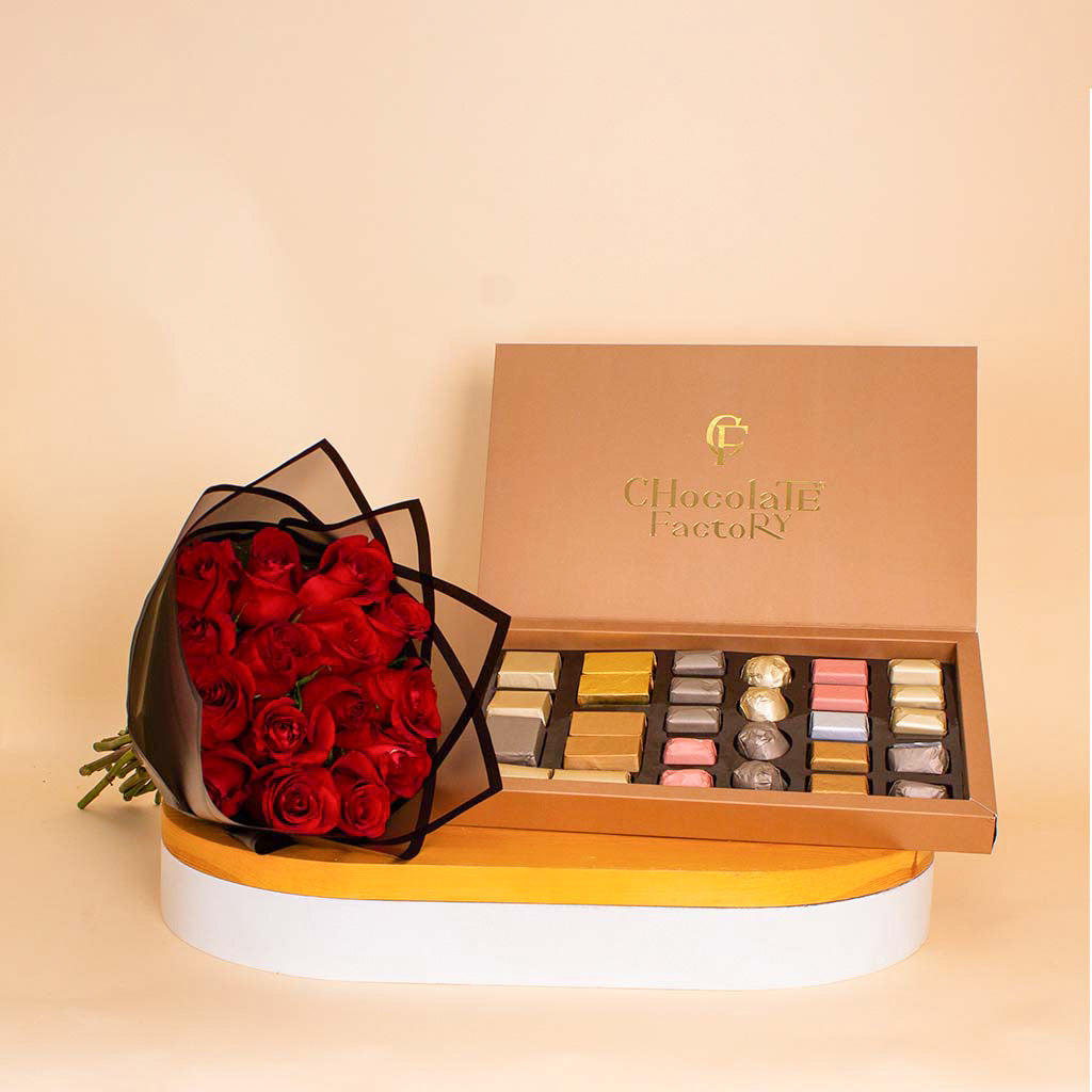 Chocolate Factory Luxe Box – 28 Pieces & Red Roses Boutque