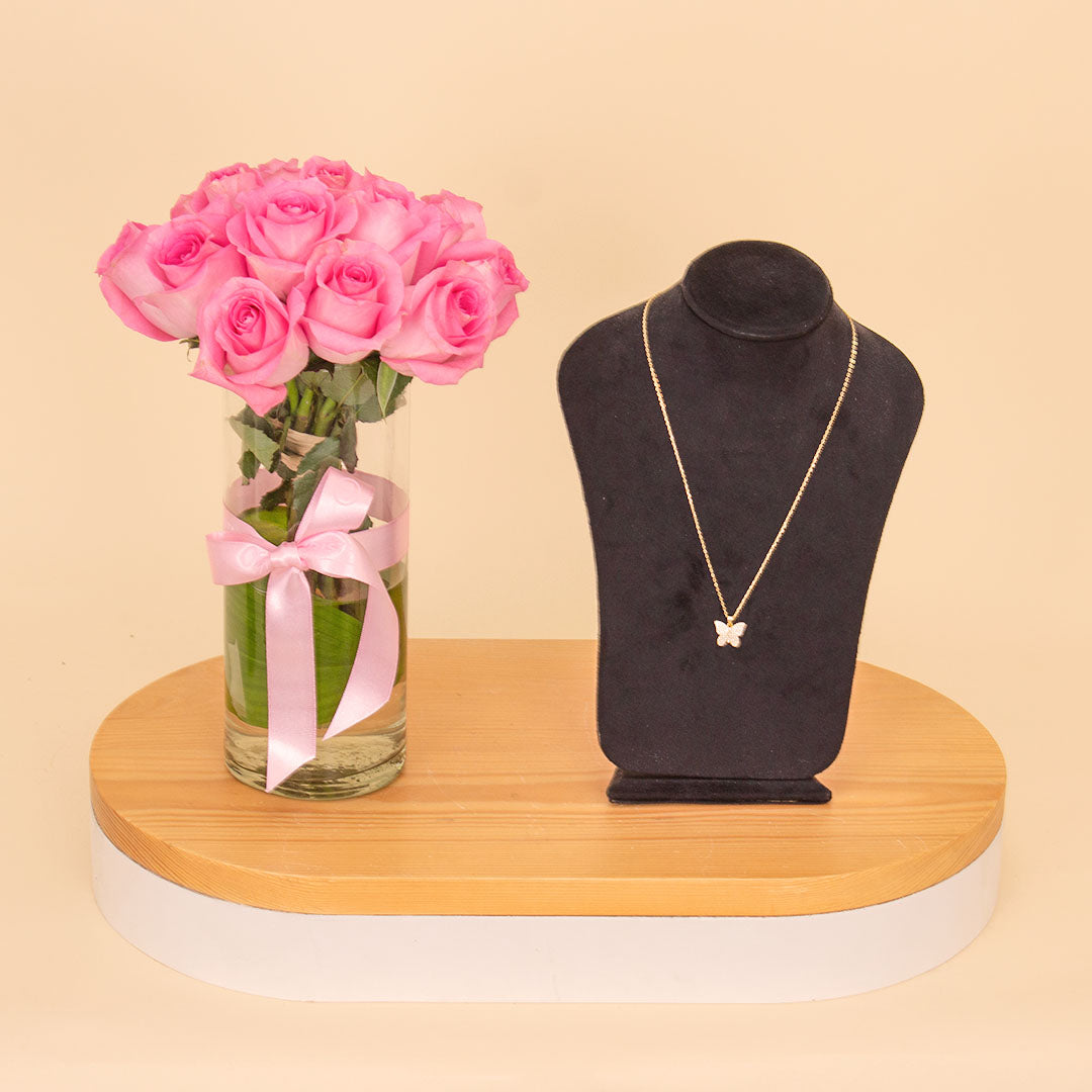 Markiz Butterfly Necklace & 15 Pink Roses Vase