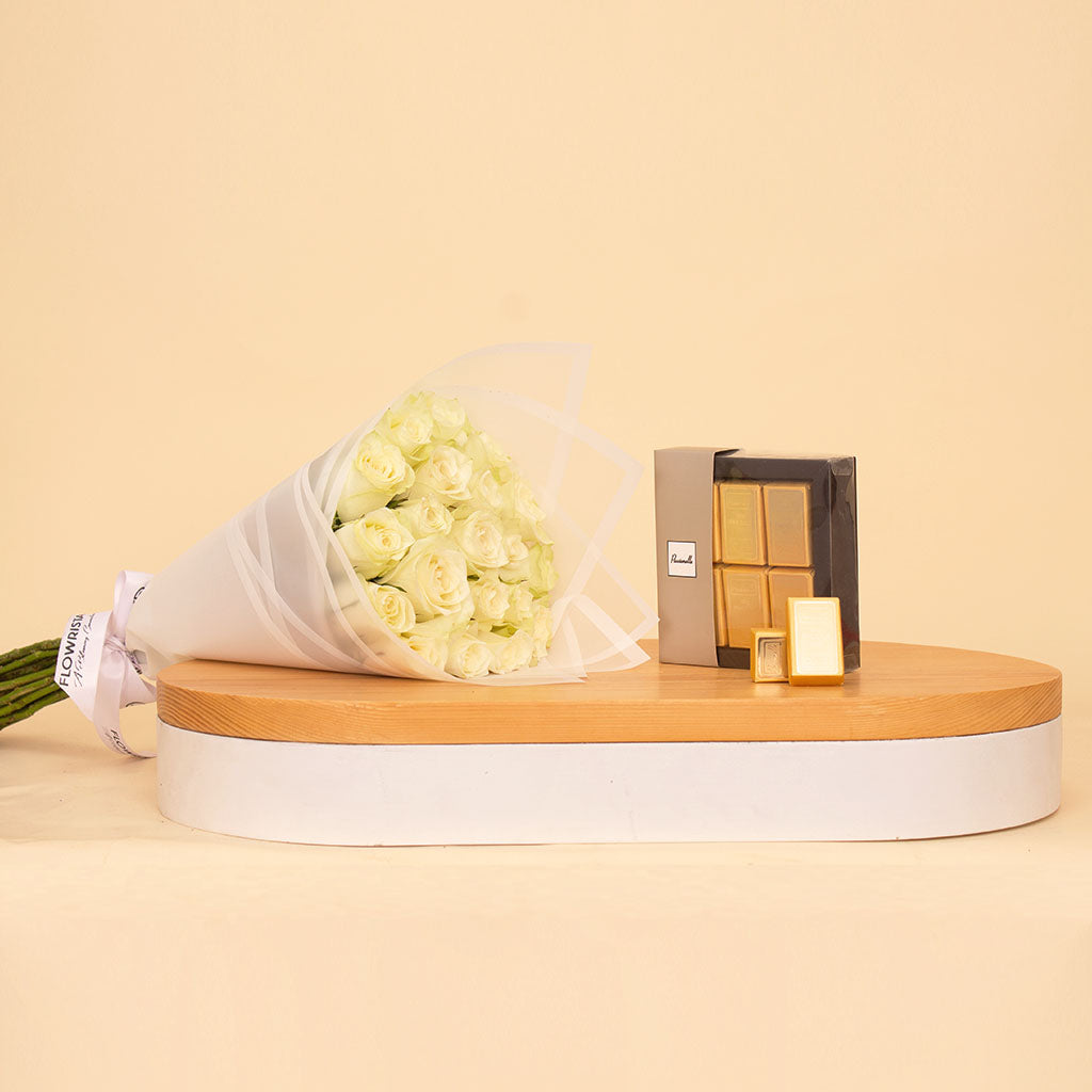 Passionelle Chocolate Small Gold Ingot Box with Hand Bouquet of 15 White Roses