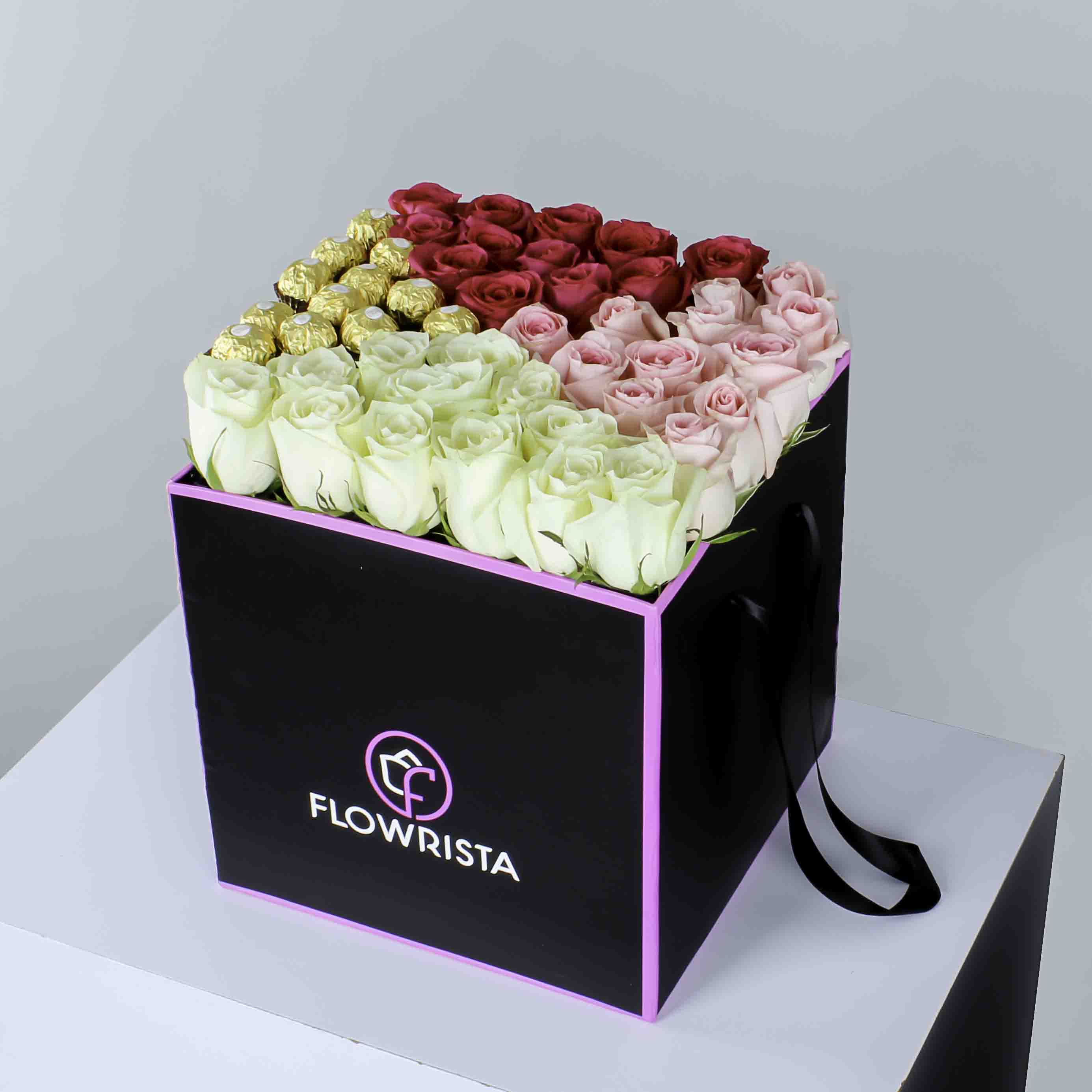 Box of Pink, Red & White Roses with Ferrero Rocher Chocolates